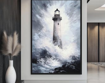 Lighthouse Modern Art Framed Canvas Print: Coastal Seascape Wall Decor