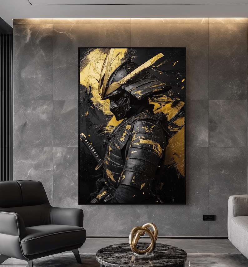 Samurai Warrior Framed Canvas Art, Japanese Armor Portrait, Black Gold ...