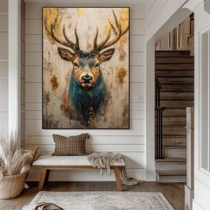 May include: A painting of a deer with large antlers, set against a background of gold and brown watercolor washes. The deer's fur is a deep blue-grey color, and its eyes are dark and intense.