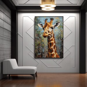 May include: A painting of a giraffe with a light blue background. The giraffe is looking to the left and has a light brown and dark brown patterned coat. The painting has a textured, brushstroke effect.