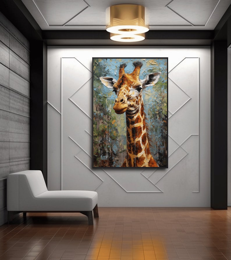 May include: A painting of a giraffe with a light blue background. The giraffe is looking to the left and has a light brown and dark brown patterned coat. The painting has a textured, brushstroke effect.
