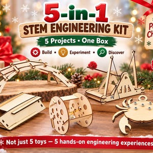 Könnte beinhalten: Ein 5-in-1 MINT-Konstruktionsset mit fünf Holzbauprojekten, darunter eine Brücke, ein Katapult, ein Fahrzeug und ein krabbenförmiges Modell. Die Verpackung zeigt den Text 5-in-1 STEM ENGINEERING KIT, 5 Projects One Box und Not just 5 toys.