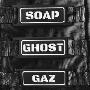 May include: Three black rectangular patches with white text. The top patch says "SOAP", the middle patch says "GHOST", and the bottom patch says "GAZ".