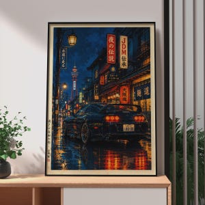 May include: A vertical art print depicting a dark sports car parked on a wet city street at night. The scene features glowing red taillights, reflections on the pavement, a distant illuminated tower, and various Japanese signs with text.