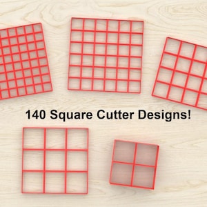 May include: Five red square cookie cutters with grid patterns are shown from above. The text "140 Square Cutter Designs!" is printed below the cutters. The cutters are arranged on a light wood-grain surface.