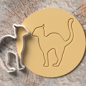 Może przedstawiać: Biała plastikowa foremka do ciastek w kształcie kota umieszczona obok okrągłego kawałka jasnobeżowego ciasta z wytłoczonym konturem tej samej sylwetki kota, pokazująca kształt stworzony przez foremkę na teksturowanej drewnianej powierzchni.