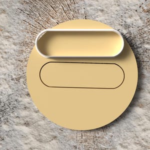 May include: A light tan, circular object with a recessed oval shape and a raised, white-edged oval above it. The object is set against a wood grain background.