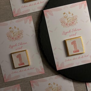 5 Personalisierte Platzkarten inkl. personalisierter Schokolade Dinner Geschenk Essen Migift Newborn Party Babyparty Babyshower Boy or Girl