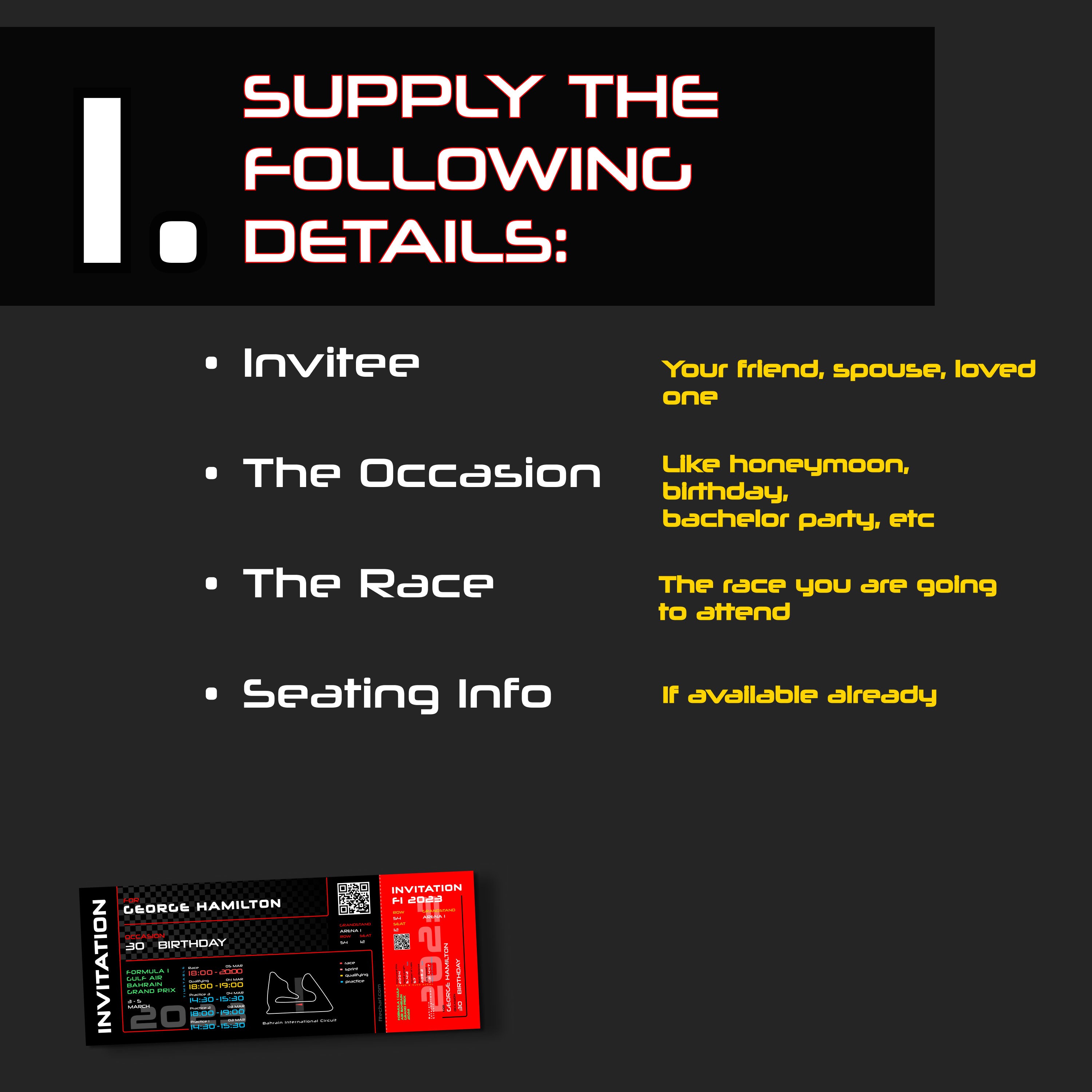 Grand Prix F1 Formula 1 Ticket Voucher Invite Personalised Valentines Day F1 Gift Editable Motor