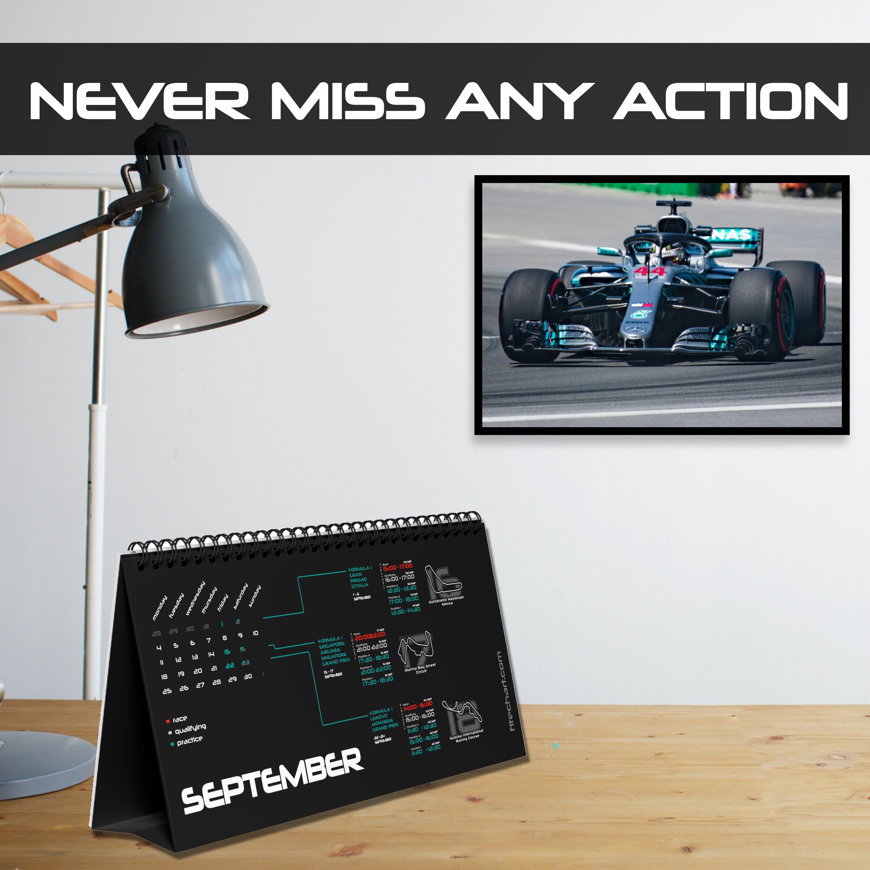 Mercedes Team Color Edition with time tables in YOUR TIME ZONE  F1 Desk Calendar Formula One Lewis Hamilton