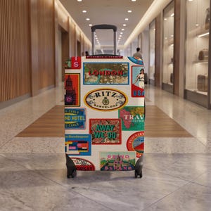 Peut inclure: Une valise à roulettes avec un fond crème recouvert de divers autocollants et étiquettes de voyage de style vintage, incluant des textes comme London, Ritz Barcelona, Away We Go et Reino de España, avec une poignée rétractable et quatre roues.