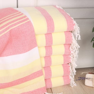 Striped Towel, Beach Towel, Wedding Gift, 40x71 Inches Coral-Light Yellow Cotton Towel, Bridesmaid Gift Towel, Mother Of The Groom Gift,