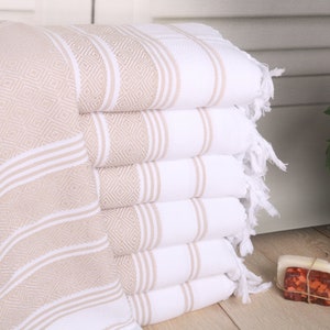 18&quot;x40&quot; White-Beige Cotton Dish Towel, Diamond Hand Towel, Wedding Gift, Custom Hand Towel, Turkish Hand Towel, Embroidery Towels,