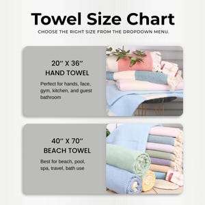 May include: A towel size chart displays two options: a 20" x 36" hand towel and a 40" x 70" beach towel. The hand towel is shown in pink, white, and blue. The beach towel is shown in green, blue, and other pastel colors.