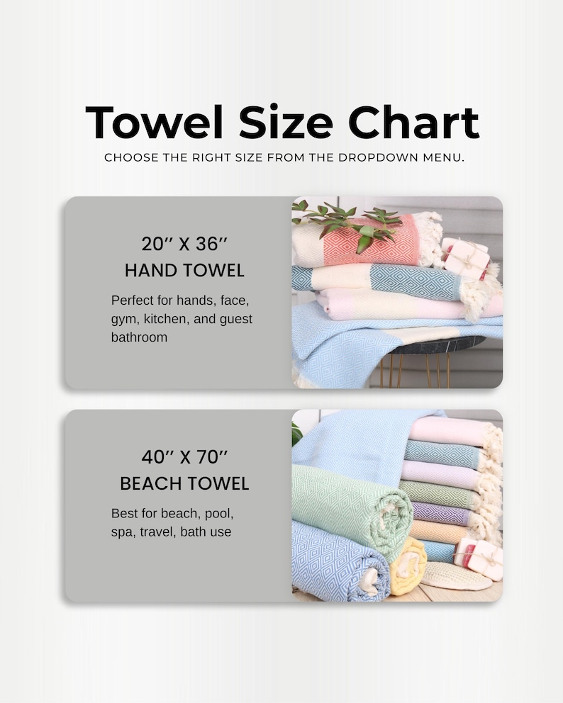 May include: A towel size chart displays two options: a 20" x 36" hand towel and a 40" x 70" beach towel. The hand towel is shown in pink, white, and blue. The beach towel is shown in green, blue, and other pastel colors.
