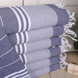 Striped Hand Towel, 24"x40" Navy Cotton Dish Towel, Wedding Favors, Turkish Tea Towel, Personalized Hand Towel, Anniversary Gift For Her,