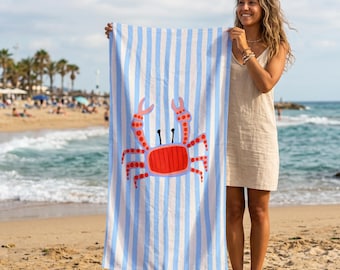 Cute Crab Beach Towel, Coastal Bath Towel, Ocean Animal Pool Towel, Personalized Summer Gift, Custom Printed Towel
