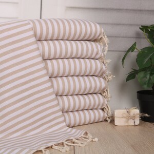Striped Hand Towel, 18"x40" Beige Cotton Hand Towel, Turkish Tea Towel, Personalized Hand Towel, Kitchen Towel, Custom Gift,