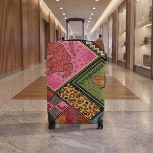 Tropic Patchwork Suitcase Cover, Pink Leopard Luggage Cover, Bold Animal Print Travel Cover, Fun Vacation Luggage Gift