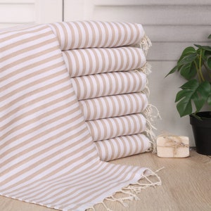 Wedding Favors, Striped Dish Towel, Monogram Hand Towel, Turkish Tea Towel, 18"x40" Beige Cotton Dish Towel, Welcome Wedding Gift,