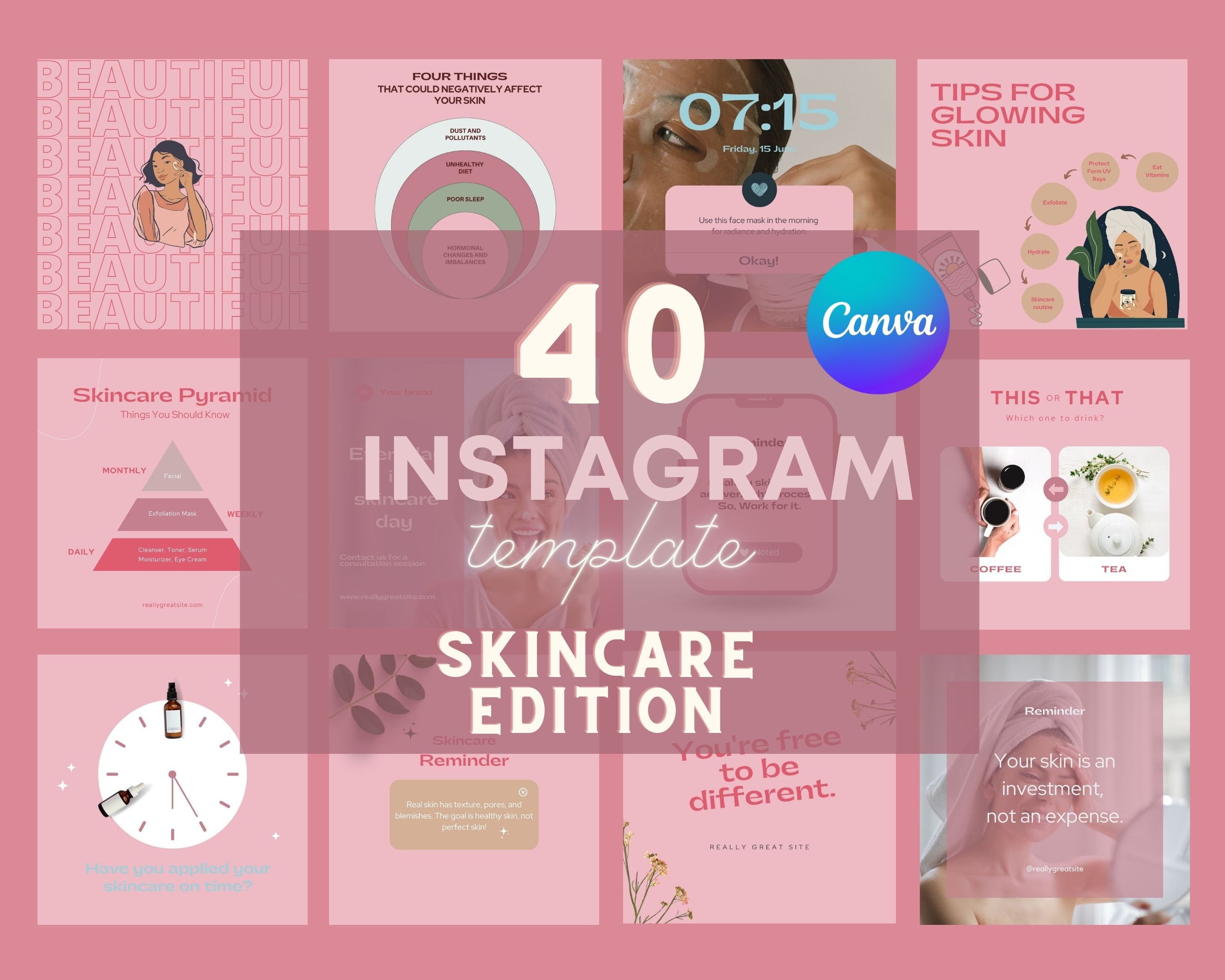 40 Pink Skincare Instagram Templates | Canva Template | Beauty posts | Social Media | IGFeed Engagement | Skincare Branding