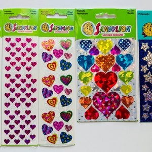 Pegatinas prismáticas vintage Sandylion, paquetes sellados, sin envasar, con corazones grandes. Estrellas arcoíris, corazones estampados, microcorazones rosas, estrellas plateadas grandes