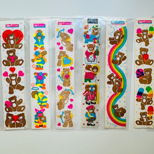 Vintage Toots Cardesign stickers teddy bears with ice cream, rainbows, bath time, neon tennis, Cupid, hearts, Wonder Woman bear