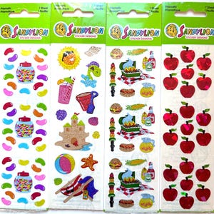 Pacotes de adesivos prismáticos vintage Sandylion, festa de verão, pote de jujubas, churrasco, castelo de areia de praia, maçãs