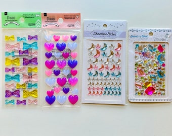 Japan import Rhinestone Sticky Jewels stickers stars and moons, Clear bows, Pink and Purple Hearts and mixed jewels for your phone case