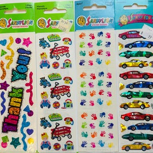 Vintage Sandylion Stickers NIP prismatic stickers, Thank You, Toys and wagon, Cars, Hand prints