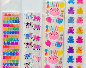 Vintage Sandylion Sticker Strip: Pearly Alphabet, Cows, Birthday Cake, Teddy Bears