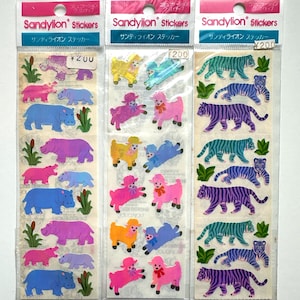 packs d'autocollants nacrés vintage hippopotames, agneaux, tigres importés du Japon dans un emballage commercialisé au Japon