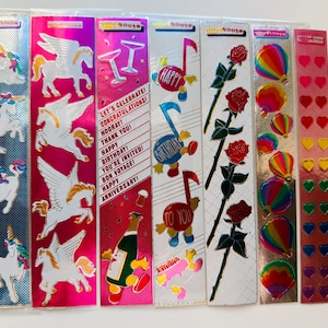 Vintage Toots Cardesign stickers from the 1980s kromekote  foil metallic unicorns, champagne, hot air balloons, roses, hearts, music notes