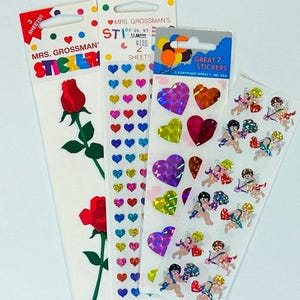 Valentine stickers vintage card making mix Sandylion prismatic angels, Mrs. Grossman’s glitter tiny hearts, big red roses, Great 7 hearts