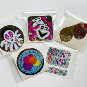Módulos de adesivos vintage Sandylion dos anos 80, palhaços de mylar, máscaras de teatro, aniversário, tuba