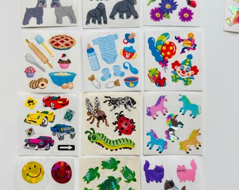Vintage Sandylion stickers fuzzy schnauzers, gorillas, daisies, bakery, baby, clowns, cars, caterpillars, unicorns, smiley, cats turtle