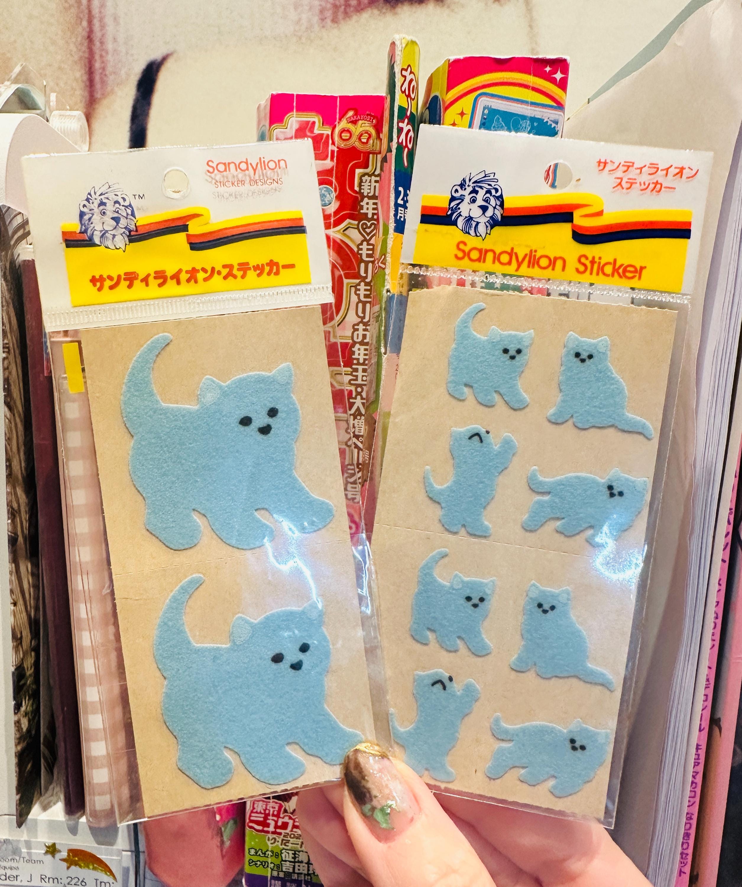 Sandylion Vintage Fuzzy Blue Cat Stickers on Brown Backing: Mint