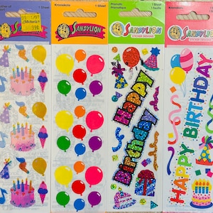 Vintage Sandylion joyeux anniversaire autocollants paquets scellés ballons Kromekote gâteau nacré fête joyeux anniversaire bannière lettres