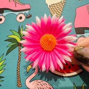 May include: A vibrant pink and white flower with an orange center. The flower is held against a teal background with illustrations of roller skates, a flamingo, and a palm tree.