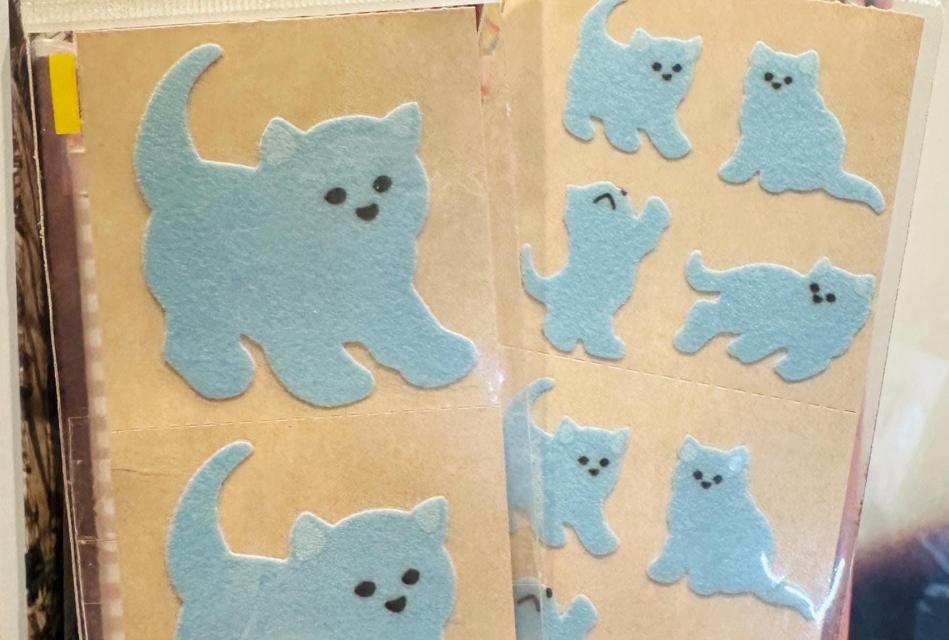 Sandylion Vintage Fuzzy Blue Cat Stickers on Brown Backing: Mint
