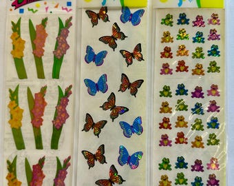 Vintage Sandylion Stickers in Japanese packaging: gladiolas, butterflies, mini frogs