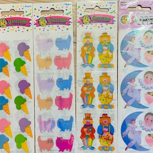 Vintage Pearly Sandylion-stickers ijshoorntjes, pluizige katten, circusclowns, pierrot mimespeler met maan verzegeld pakket