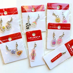 May include: A collection of acrylic charms in various designs, including animals, rainbows, and the word "SWIMMER" in red. Each charm is attached to a silver-colored clasp and packaged on a white card with a red header. The charms are in clear plastic packaging.