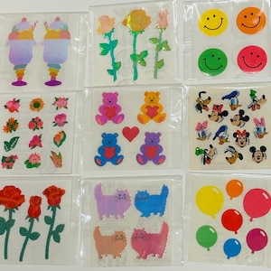 Vintage Sandylion stickers pearly ice cream sundae, roses, smiley faces, micro flowers, fuzzy roses, teddy bear, kittens, Disney, balloons