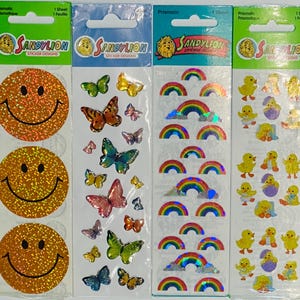 Vintage Sandylion Aufkleber versiegelte Packungen Mylar alles Gute zum Geburtstag Glückwünsche alles Gute zum Jubiläum Prismatic Meilenstein Aufkleber Danke NIP