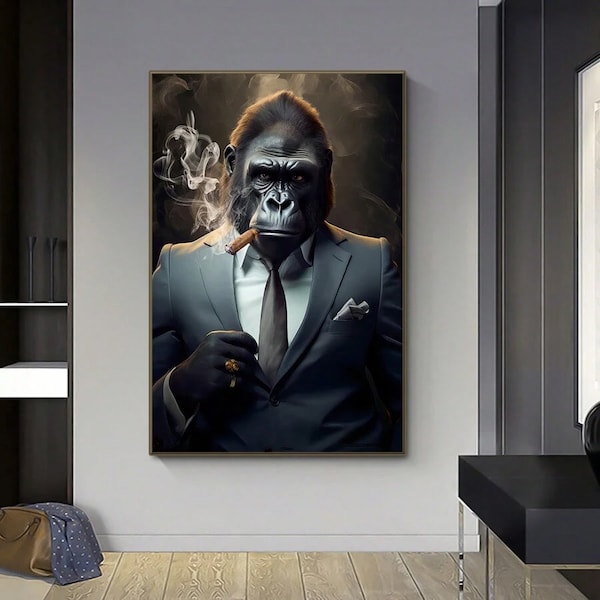 Frameless Canvas Wall Art, Smoking Gorilla Canvas Wall Art, Gorilla Smoking Print, Animal Poster, Monkey Canvas Print, For Home Living Room