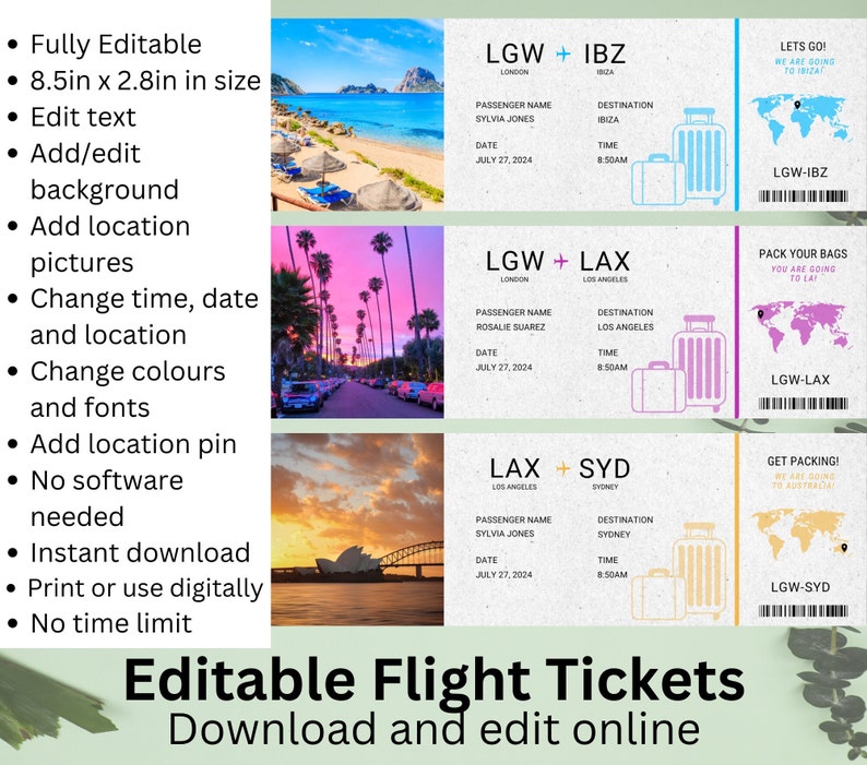 Editable Airline Ticket Template / Printable Flight Ticket / Etsy Editable Airline Ticket Template / Printable Flight Ticket / Etsy