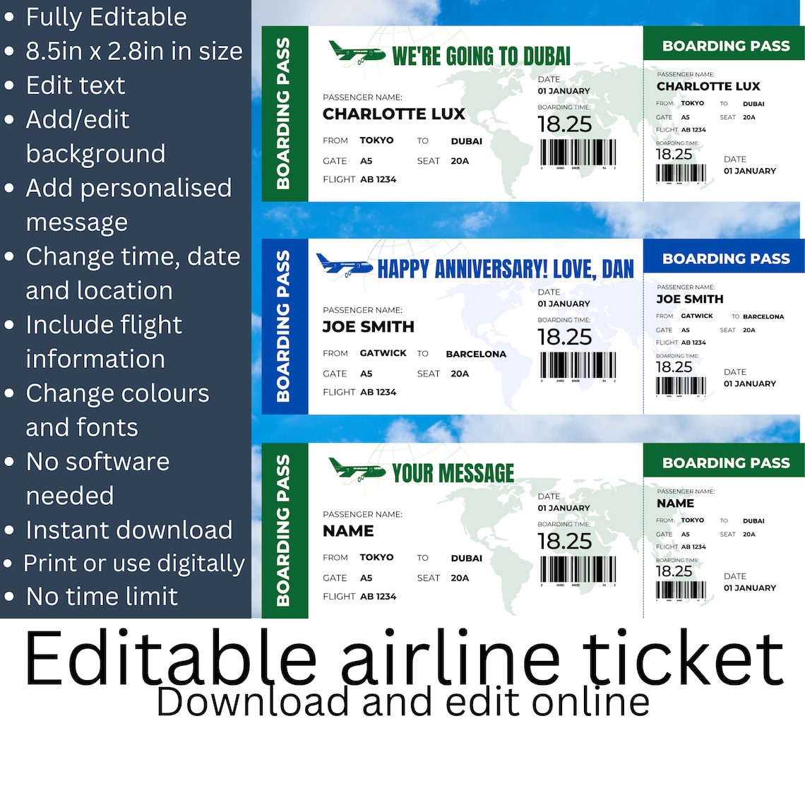 Editable Flight Ticket Template / Printable Plane Ticket / - Etsy UK