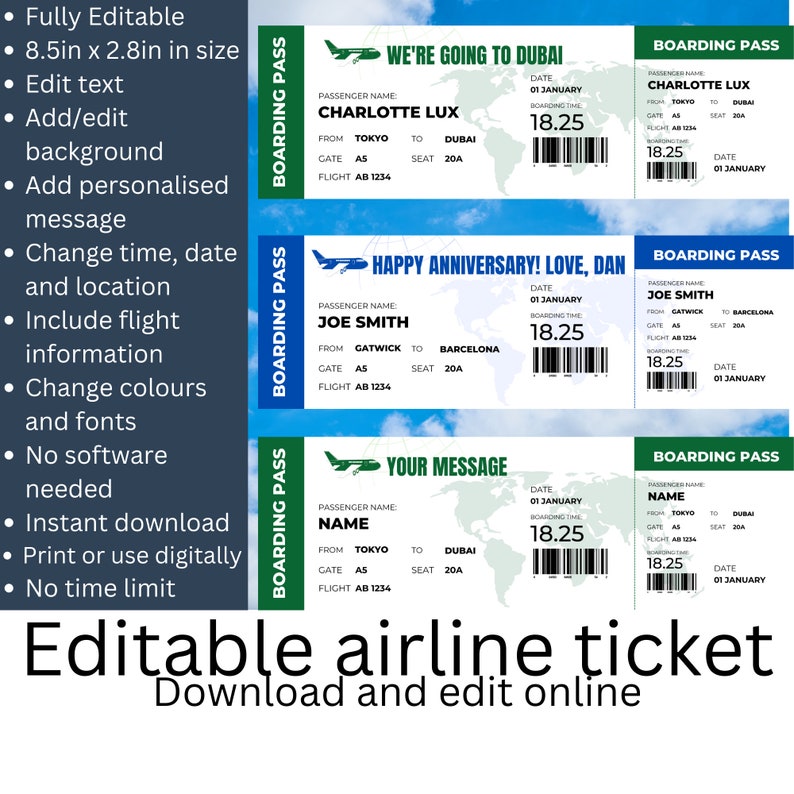 Editable Flight Ticket Template / Printable Plane Ticket / - Etsy UK