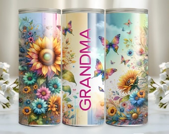 Grandma 20 oz Skinny Tumbler sublimation design, Flowers butterfly Watercolor floral digital PNG Straight tumbler wrap download